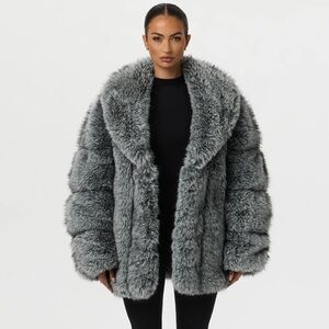 Naked Wardrobe Grey Faux Mink Pelted Coat